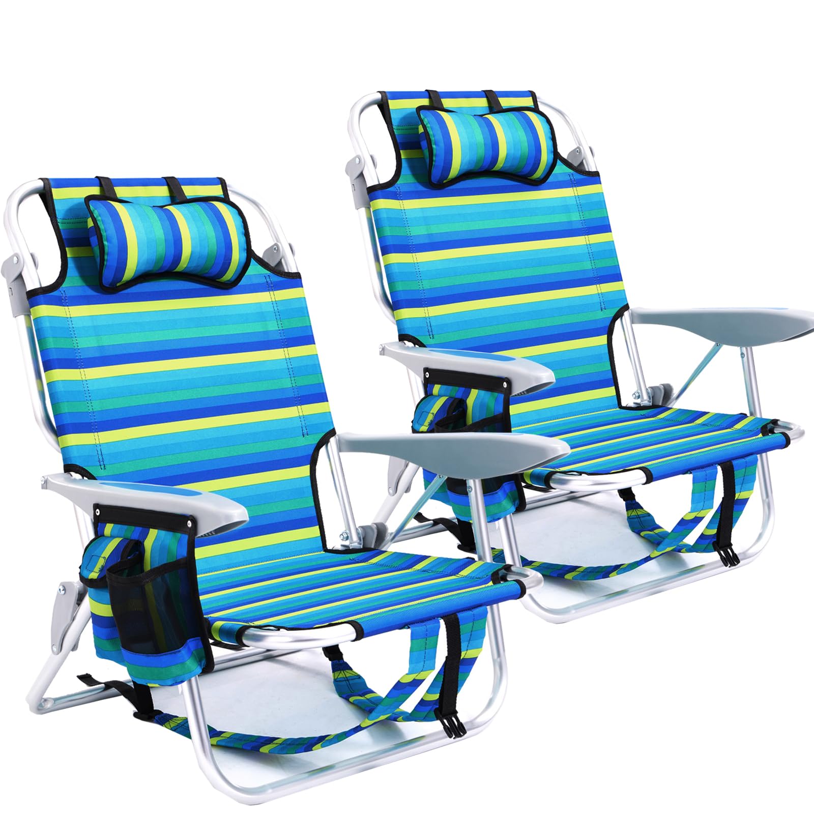 2 Pack Lightweight Portable Camping Beach Chair for Adults, Outdoor Lay Flat Folding Beach Chairs with 5 Positions, Backpack Beach Chair with Towel Bar, Zipper Pouch, Cup Holder, Ocean Striped