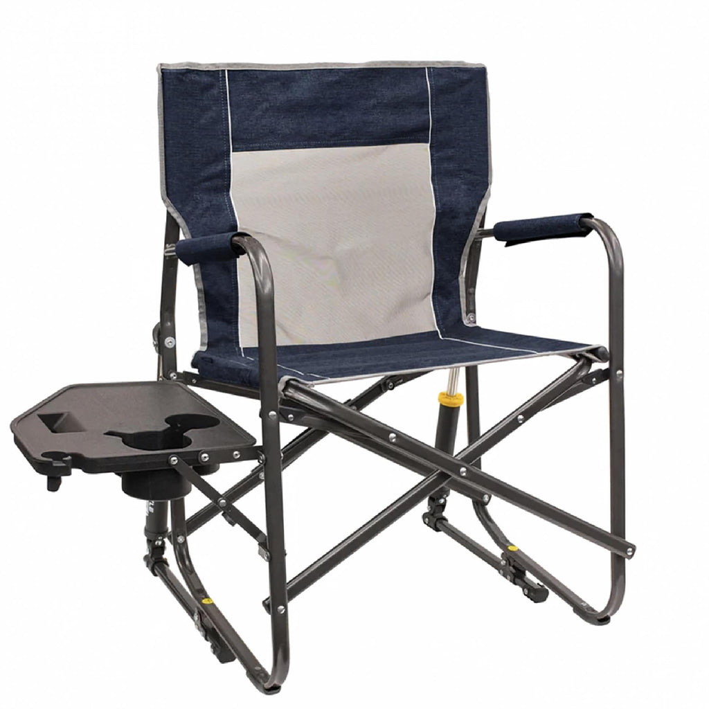 Freestyle Rocker with Side Table Camping Chair | Portable Folding Rocking Chair with Solid, Durable Armrests, Drink Holder & Comfortable Backrest — Heathered Indigo