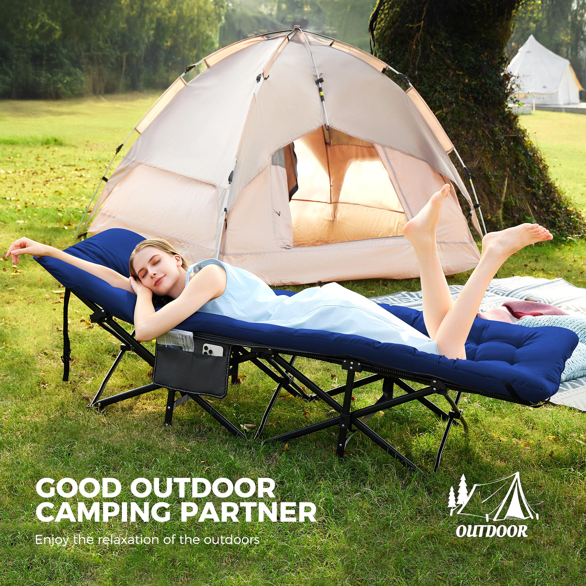 Camping Cot for Sleeping 28" Extra Wide, Heavy-Duty 1200D Oxford Foliding Cots for Adults Portable with Mattress, Carry Bag for Guest, Travel, Hiking, Navy