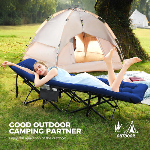 Camping Cot for Sleeping 28" Extra Wide, Heavy-Duty 1200D Oxford Foliding Cots for Adults Portable with Mattress, Carry Bag for Guest, Travel, Hiking, Navy