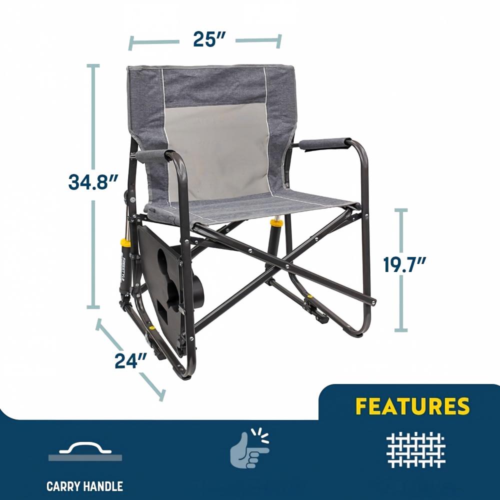 Freestyle Rocker with Side Table Camping Chair | Portable Folding Rocking Chair with Solid, Durable Armrests, Drink Holder & Comfortable Backrest — Heathered Indigo