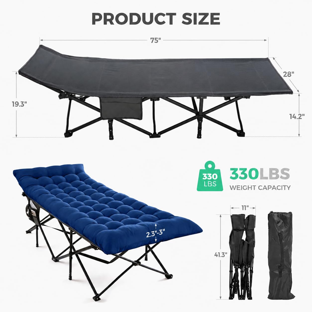 Camping Cot for Sleeping 28" Extra Wide, Heavy-Duty 1200D Oxford Foliding Cots for Adults Portable with Mattress, Carry Bag for Guest, Travel, Hiking, Navy