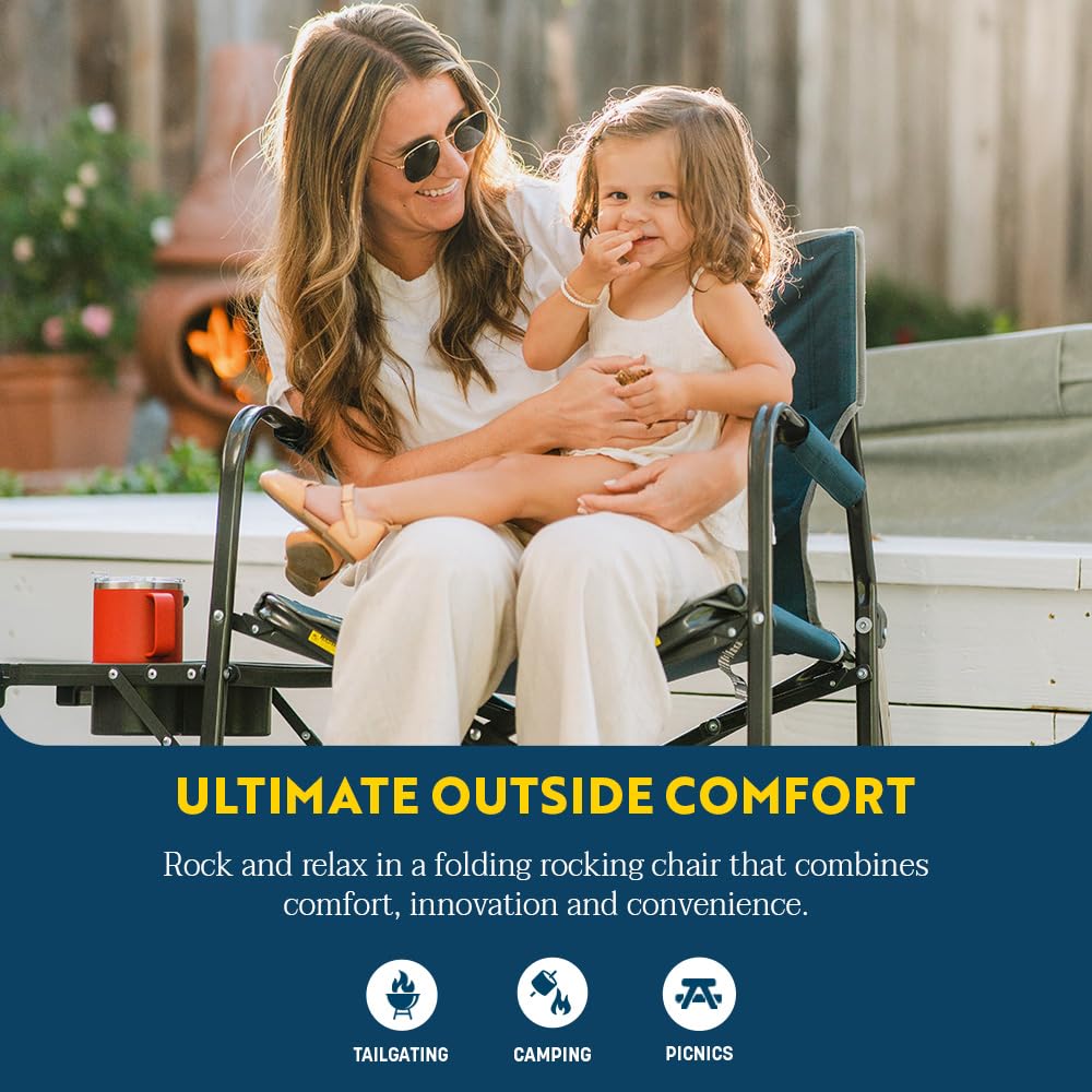 Freestyle Rocker with Side Table Camping Chair | Portable Folding Rocking Chair with Solid, Durable Armrests, Drink Holder & Comfortable Backrest — Heathered Indigo