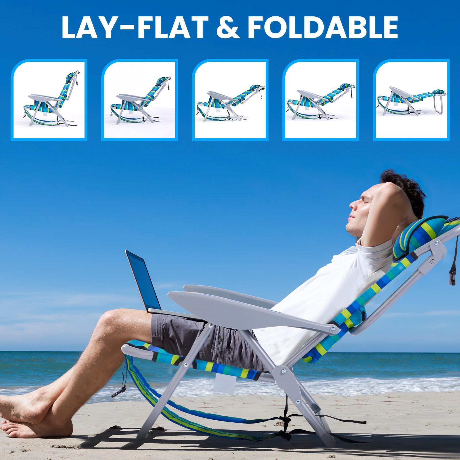 2 Pack Lightweight Portable Camping Beach Chair for Adults, Outdoor Lay Flat Folding Beach Chairs with 5 Positions, Backpack Beach Chair with Towel Bar, Zipper Pouch, Cup Holder, Ocean Striped