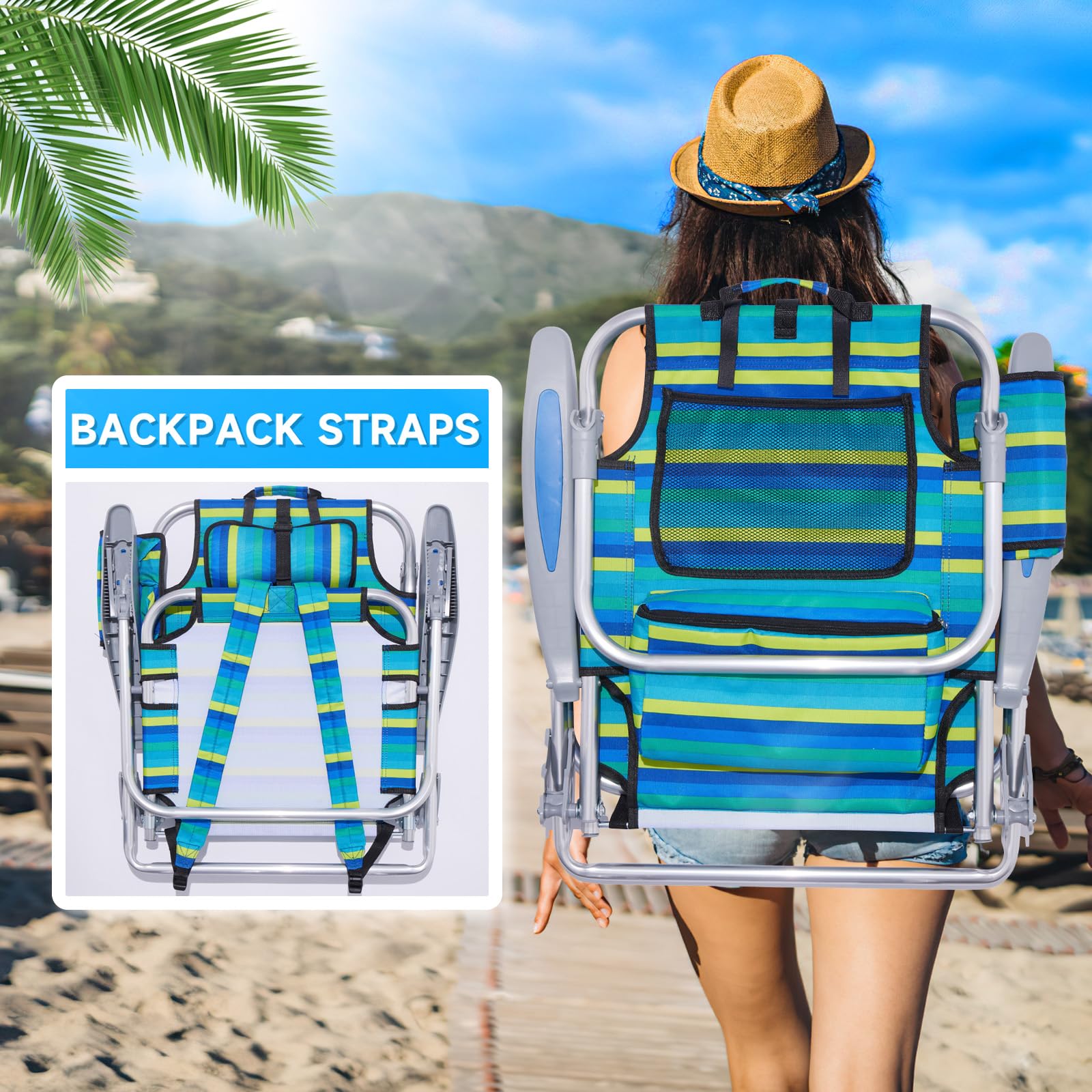 2 Pack Lightweight Portable Camping Beach Chair for Adults, Outdoor Lay Flat Folding Beach Chairs with 5 Positions, Backpack Beach Chair with Towel Bar, Zipper Pouch, Cup Holder, Ocean Striped