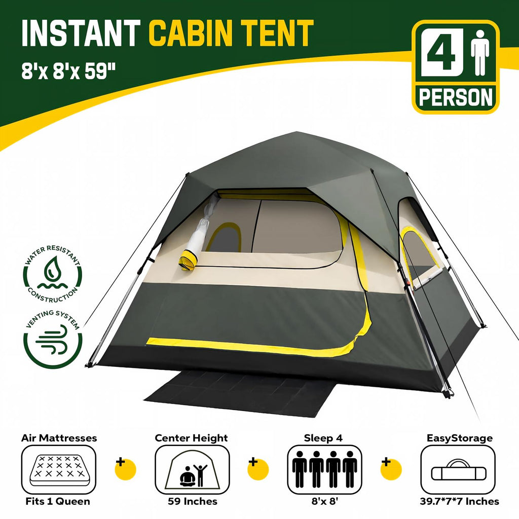 4 Person Instant Tents for Camping Setup in 50s, Cabin Tent with Rainfly | Waterproof Windproof Camping Tent, Double Layer Portable Instant Tents with Carry Bag for Family Outdoor Camping & Hiking