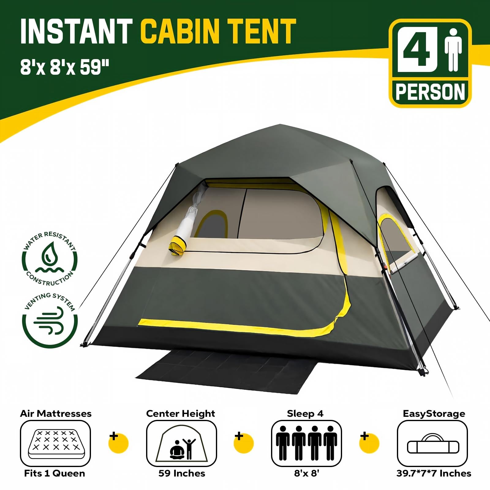 4 Person Instant Tents for Camping Setup in 50s, Cabin Tent with Rainfly | Waterproof Windproof Camping Tent, Double Layer Portable Instant Tents with Carry Bag for Family Outdoor Camping & Hiking