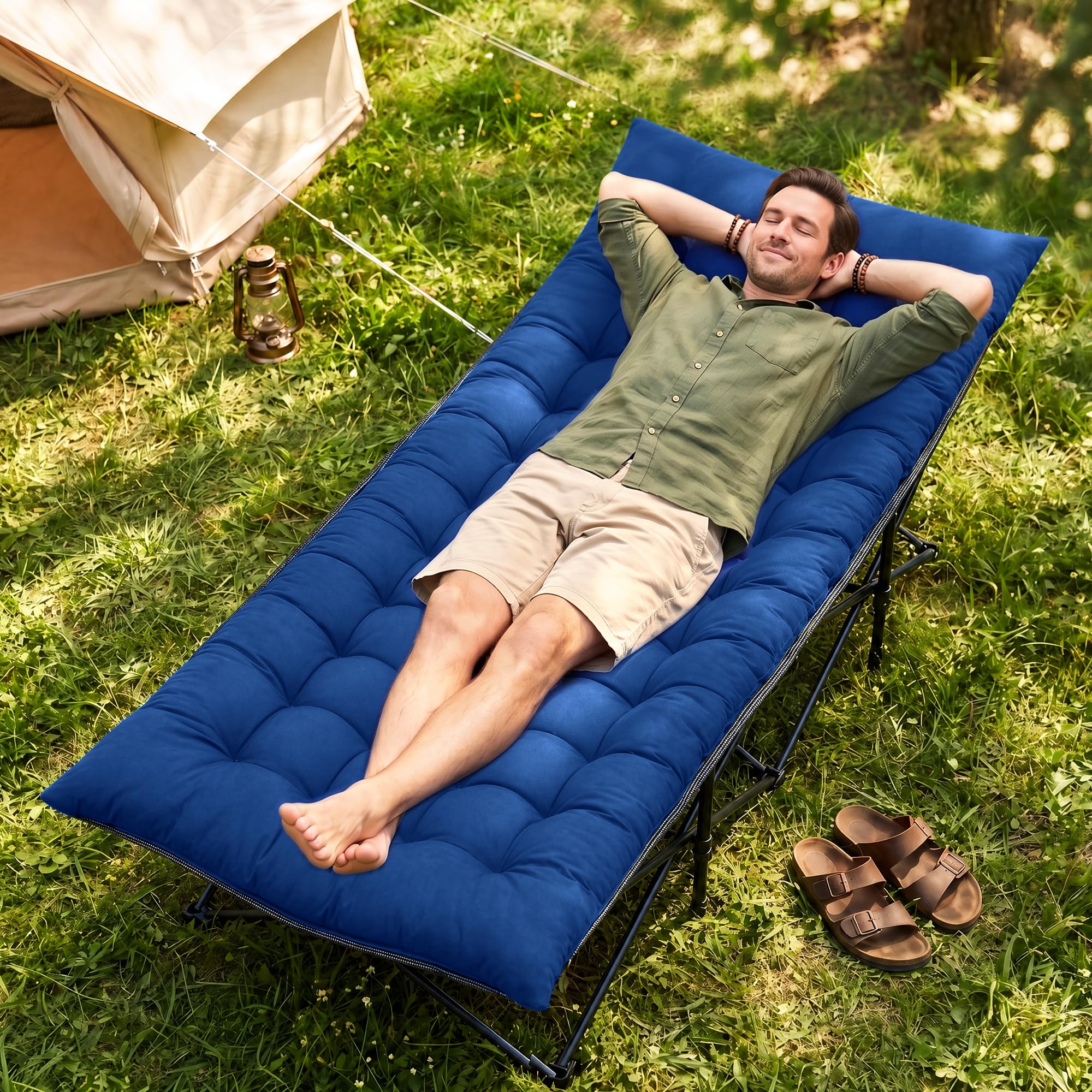 Camping Cot for Sleeping 28" Extra Wide, Heavy-Duty 1200D Oxford Foliding Cots for Adults Portable with Mattress, Carry Bag for Guest, Travel, Hiking, Navy